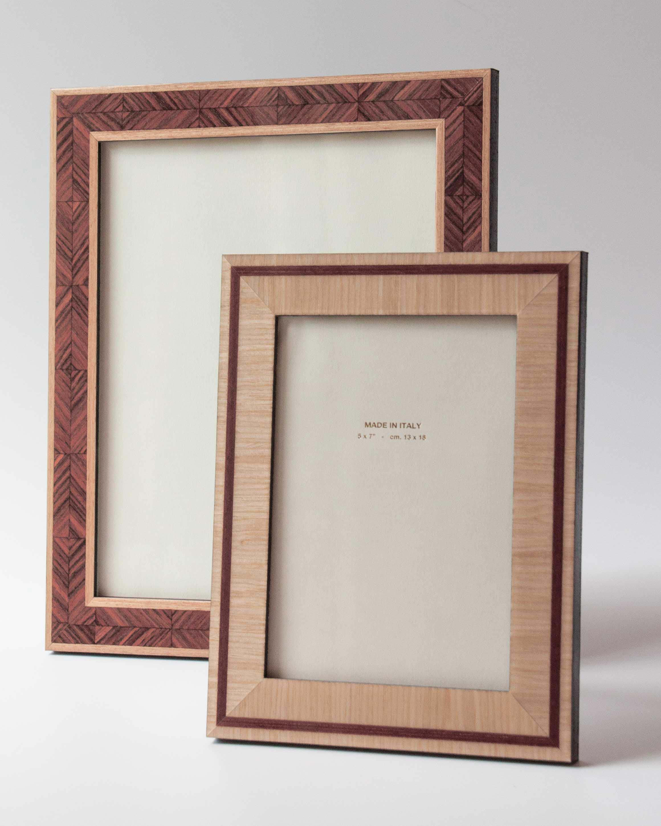 Luxury lacquered walnut herringbone marquetry, this photo frame is handmade for Anboise in Italy