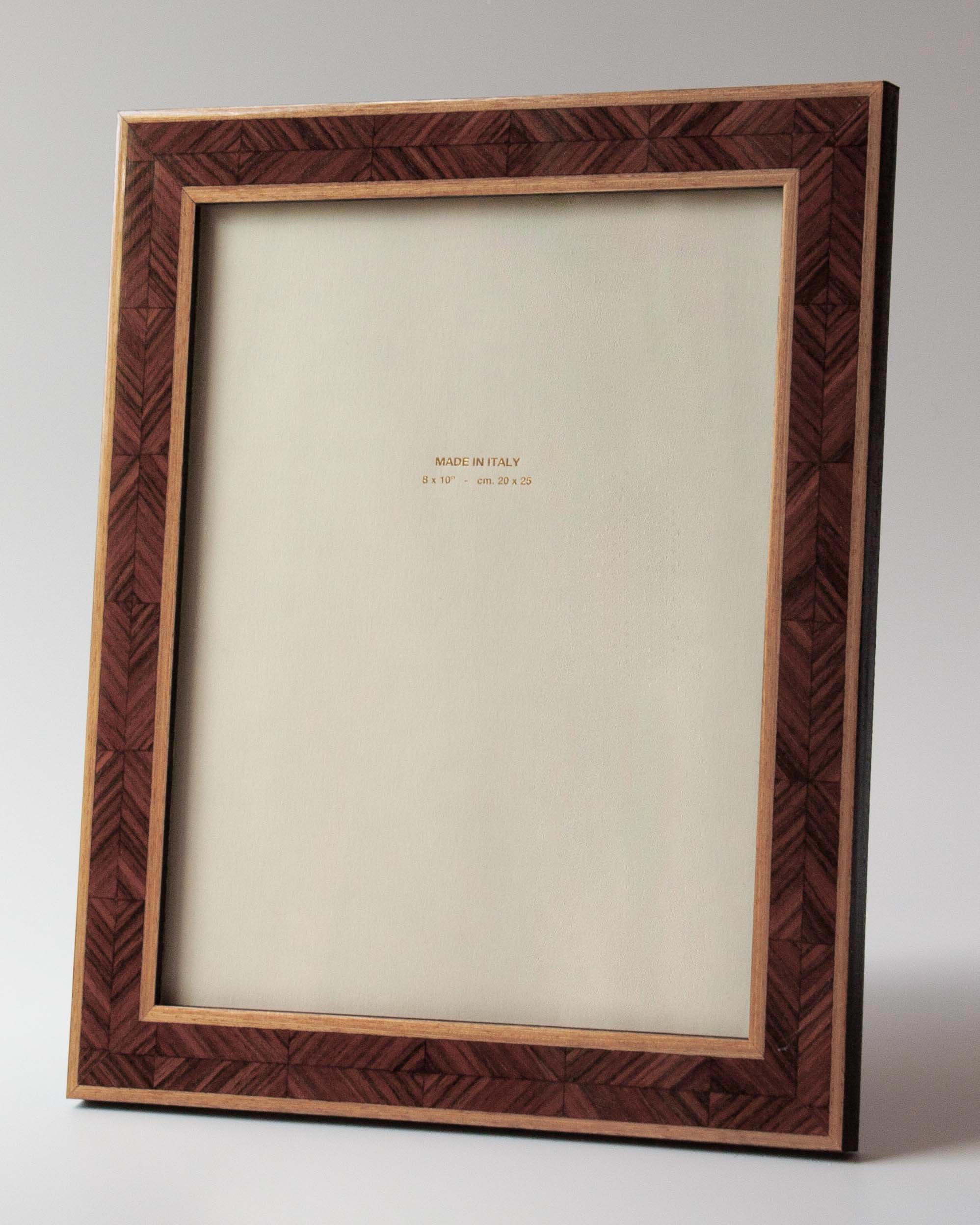 Luxury lacquered walnut herringbone marquetry, this photo frame is handmade for Anboise in Italy