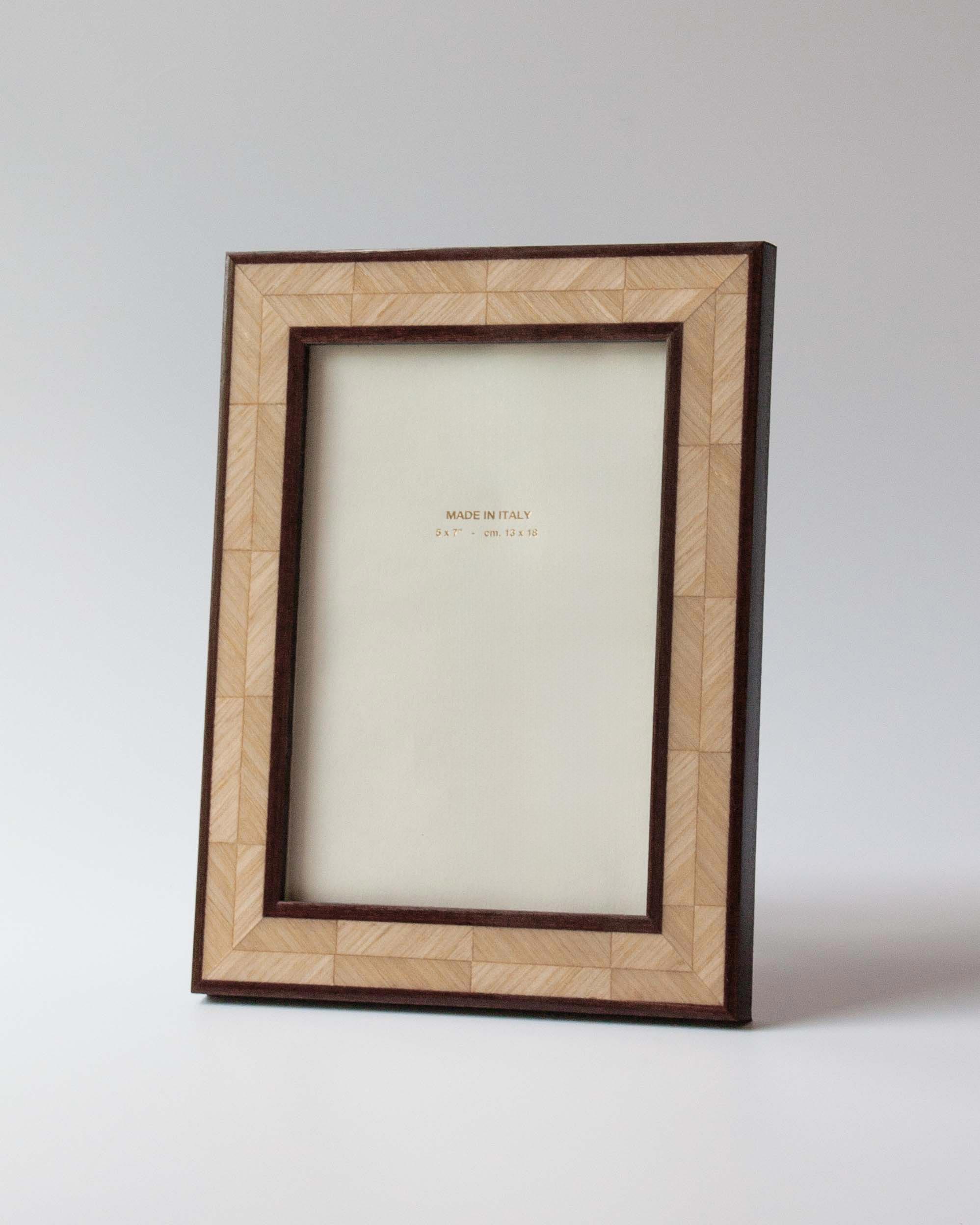 Luxury lacquered dual tone oak herringbone marquetry photo frame is handmade for Anboise 5x7