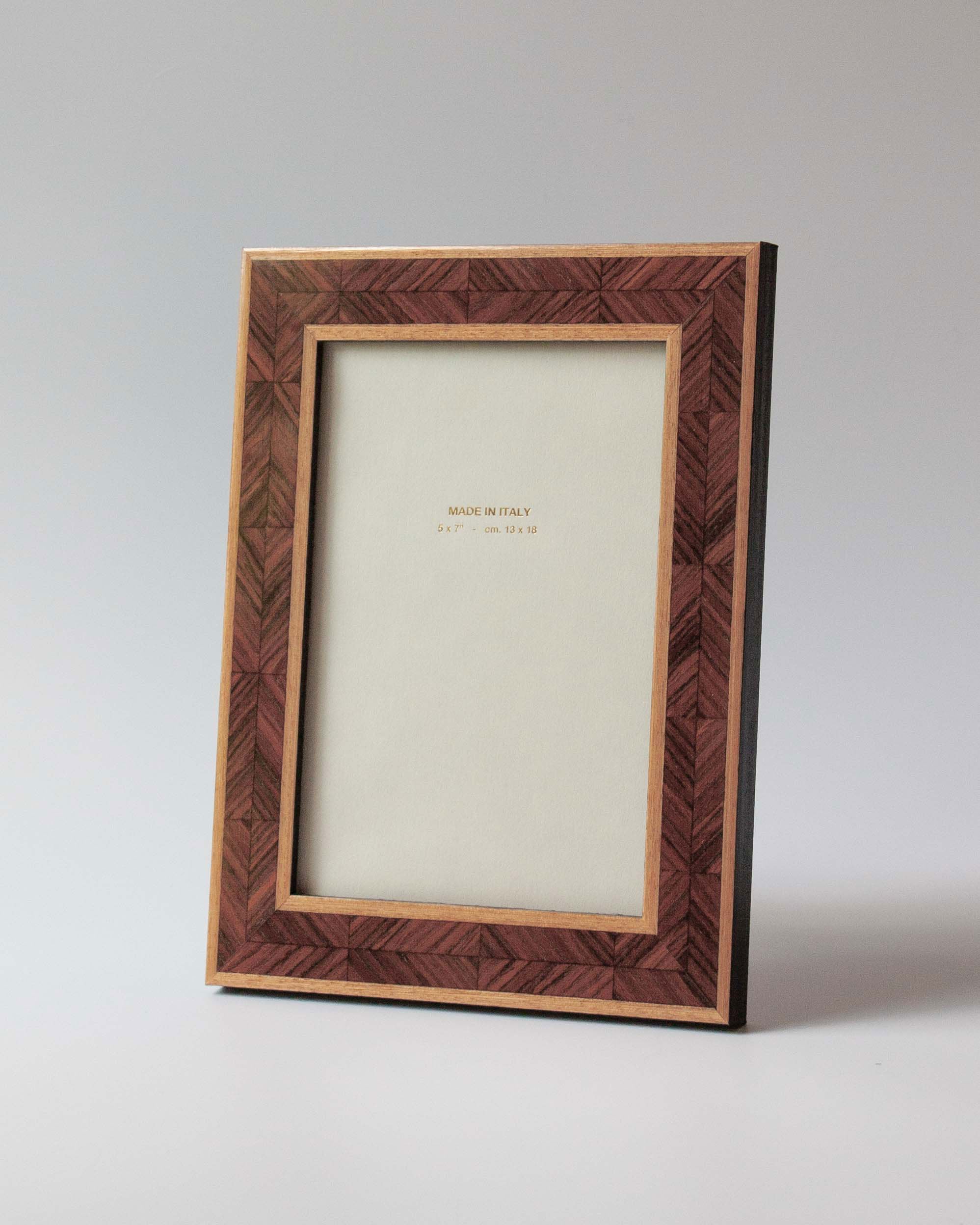 Lacquered walnut herringbone marquetry, this luxury photo frame is handmade for Anboise in Italy